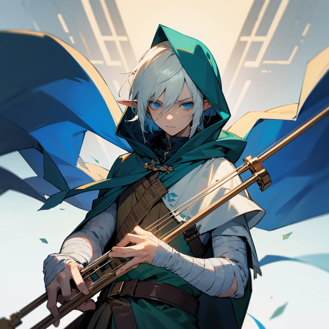 Male elf, cold expression, playing a musical instrument, arms wrapped in bandages, head in a hood.