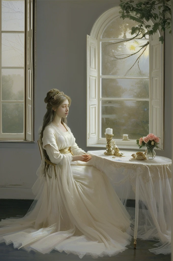The scene shows Christina, a young noblewoman of ethereal beauty, sitting in her elegant medieval room. The silver light of the full moon enters through an open window, softly illuminating the room with a magical glow. Christina, with long golden hair that falls in soft waves, She is sitting on the edge of her bed, dressed in a delicate ivory silk robe that reflects the moonlight. His expression is introspective, with a touch of melancholy and longing, like she was lost in her thoughts.
The large, ornate mirror on the wall reflects both the light from the starry sky and Christina's face., showing the duality between its outer appearance and its inner emptiness. The silk curtains framing the window flutter lightly in the evening breeze., casting soft shadows that dance on the stone walls. The room is decorated with carved wooden furniture, luxurious carpets, and gold details, which contrast with the silence and loneliness that Christina feels.
In a corner of the room, A small table holds a vase of wilted roses, symbolizing the transience of beauty. Full moon, high in the sky, seems to be watching Christina, while the wind whispers through the branches of the trees outside the window. This scene captures the moment when Christina realizes that her life, full of flattery and superficiality, It is actually a golden prison, and his gaze reflects a mixture of sadness, confusion and a nascent hope of finding a deeper purpose.