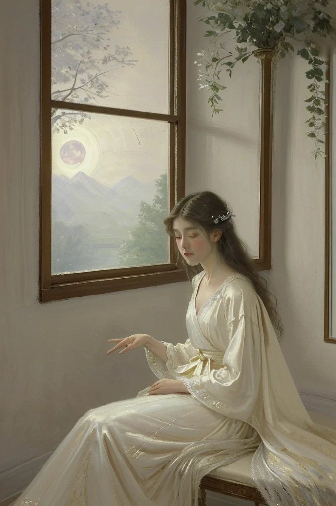 The scene shows Christina, a young noblewoman of ethereal beauty, sitting in her elegant medieval room. The silver light of the full moon enters through an open window, softly illuminating the room with a magical glow. Christina, with long golden hair that falls in soft waves, She is sitting on the edge of her bed, dressed in a delicate ivory silk robe that reflects the moonlight. His expression is introspective, with a touch of melancholy and longing, like she was lost in her thoughts.
The large, ornate mirror on the wall reflects both the light from the starry sky and Christina's face., showing the duality between its outer appearance and its inner emptiness. The silk curtains framing the window flutter lightly in the evening breeze., casting soft shadows that dance on the stone walls. The room is decorated with carved wooden furniture, luxurious carpets, and gold details, which contrast with the silence and loneliness that Christina feels.
In a corner of the room, A small table holds a vase of wilted roses, symbolizing the transience of beauty. Full moon, high in the sky, seems to be watching Christina, while the wind whispers through the branches of the trees outside the window. This scene captures the moment when Christina realizes that her life, full of flattery and superficiality, It is actually a golden prison, and his gaze reflects a mixture of sadness, confusion and a nascent hope of finding a deeper purpose.