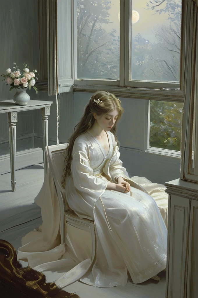 The scene shows Christina, a young noblewoman of ethereal beauty, sitting in her elegant medieval room. The silver light of the full moon enters through an open window, softly illuminating the room with a magical glow. Christina, with long golden hair that falls in soft waves, She is sitting on the edge of her bed, dressed in a delicate ivory silk robe that reflects the moonlight. His expression is introspective, with a touch of melancholy and longing, like she was lost in her thoughts.

The large, ornate mirror on the wall reflects both the light from the starry sky and Christina&#39;s face., showing the duality between its outer appearance and its inner emptiness. The silk curtains framing the window flutter lightly in the evening breeze., casting soft shadows that dance on the stone walls. The room is decorated with carved wooden furniture, luxurious carpets, and gold details, which contrast with the silence and loneliness that Christina feels.

In a corner of the room, A small table holds a vase of wilted roses, symbolizing the transience of beauty. Full moon, high in the sky, seems to be watching Christina, while the wind whispers through the branches of the trees outside the window. This scene captures the moment when Christina realizes that her life, full of flattery and superficiality, It is actually a golden prison, and his gaze reflects a mixture of sadness, confusion and a nascent hope of finding a deeper purpose.