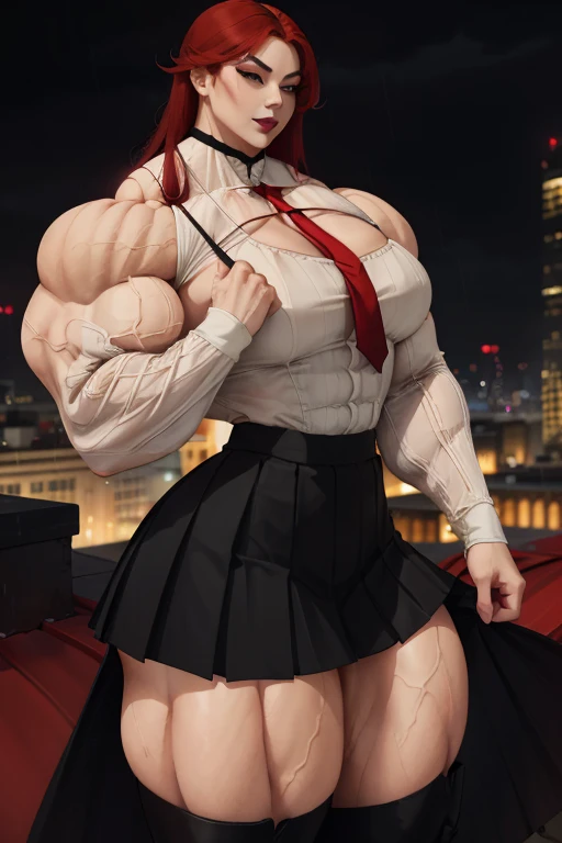 ((Close-up)), tall, (red hair) beautiful muscular asian woman, long hair, pale white skinned, closed smile, (black lipstick), (massive muscles), (hyper muscle), (ginormous bulky muscles), yellow eyes, ((long sleeve red pleated shirt)), ((long black pleated skirt)), necktie, boots, (on a raining rooftop),