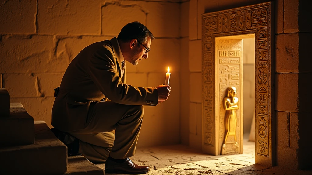 A cinematic scene capturing renowned archaeologist Howard Carter as he unveils King Tutankhamun's chamber in the Valley of the Kings. Archaeologist's outfit, wears glasses and holds a candle in his hand.Kneeling on a stone staircase before a granite door with Egyptian hieroglyphs in gold engraved on the walls, he looks through a small opening in the sealed entrance, holding a candle that casts a warm glow over the chamber. Seu rosto, engraved with admiration and reverence, reveals the amazement of discovering ancient Egyptian treasures. The background shows the chamber filled with ancient golden Egyptian statues., jewelry and other artifacts glistening in the soft candlelight. The aged walls, marked by time, evoke a sense of history and mystery., photo, cinematic, architecture