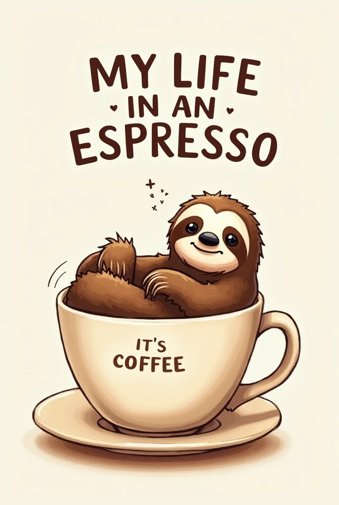 Make me a picture with a sloth that is in a coffee cup that says TT&#39;S COFFE and above that says my life in an espresso
