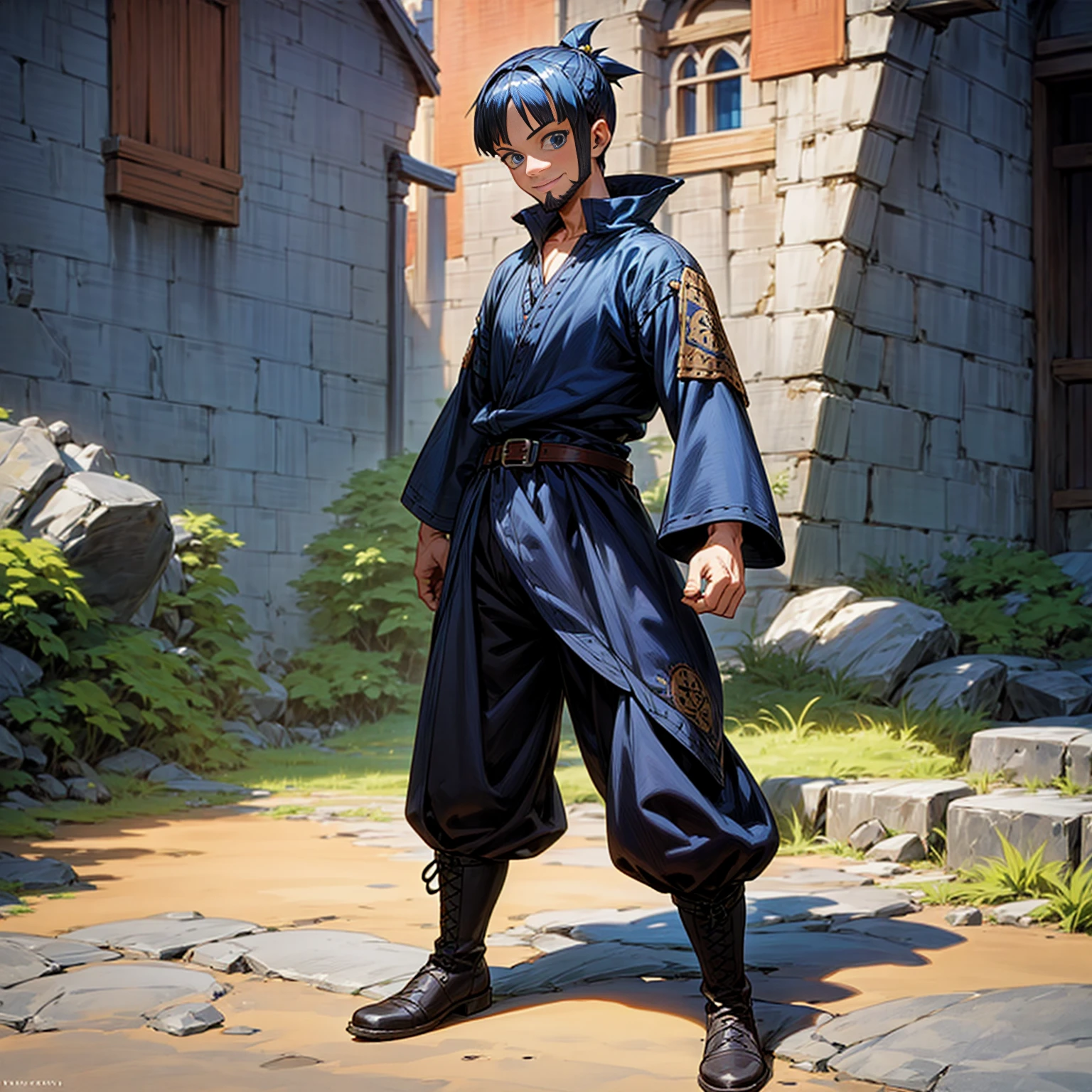 Solo character, old man, beard, full body version, blue eyes, black half blue colour hair, short mohawk haircut, casual clothing, black color clothing, black pants, belt, boots, outdoor, village, medieval, afternoon, standing gesture, detailed clothing, detailed hair, detailed background, (one piece style art), smile mouth, happy,