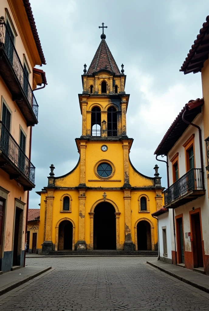 Brazilian church with a central yellow tower partially neglected and on fire in the city center with cobblestone street