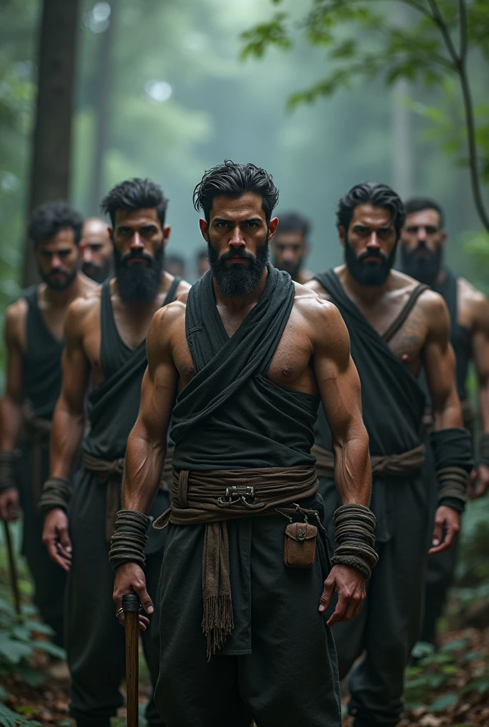 ten mens, Grey dress, physical type from the interior of Brazil, flexible and agile, but with good muscularity, handsome face with beard, light and compact clothing reminiscent of a rogue/ninja, Assassin's Creed style daggers on the wrists, alone in a forest with medium lighting