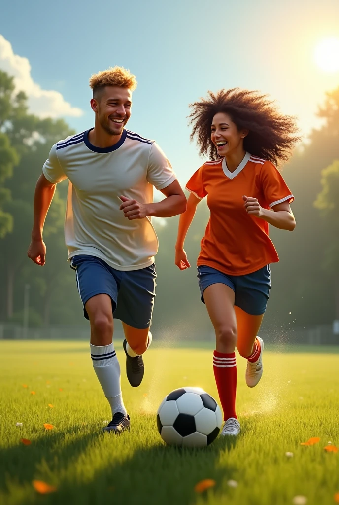 Create an image of a young, blond guy, 30 years old. With a 35 year old girl with black curly hair . They both play soccer and love each other and laugh. . realistic image