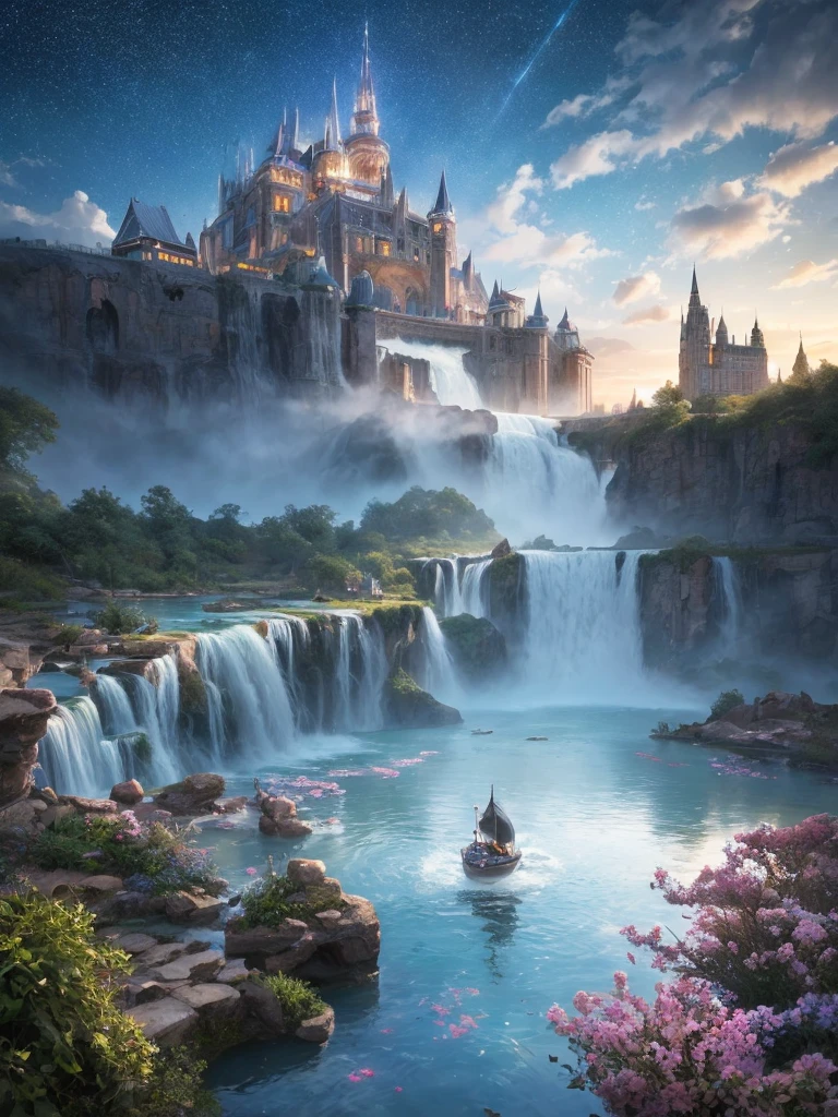 (8k, highest quality, masterpiece, final fantasy style: 1.2), (unRealistic, photoRealistic: 1.37), Dreamy landscape, Fantasy, Unsurreal landscapes, Super detailed, Flying Castle, Floating Island in the Sky, Seven-colored swirl of light, Intense lightning, milky way, Complex Light, Colored light, Large Lake, Starry sky reflected on the lake surface, Countless shining stars, Meteors, Reflections , (A pillar of light emanated from the ground:1,2), roses and orchids gardens , sunset, pink clouds, waterfalls in the sky, realistic style, Hyperrealism drawing, a flying pirate spaceship floating at the clouds level, burning skyscrapers, cyborgs, timeless realms, stunning princess , floating hair, pink lipstick, cute, naked shoulders , casting spell, healing light magic effect, in a magical lagoon of the fairyland, crystal clear water surface reflections, sharp focus, looking at viewer, (close-up:0.9), (bright white theme:1.2), (bright white tone:1.2), (deep blue tone:1.3), realistic, Hyperrealism,