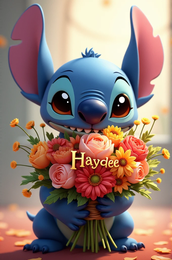 Stitch with a bouquet of flowers that gives him Haydee's name