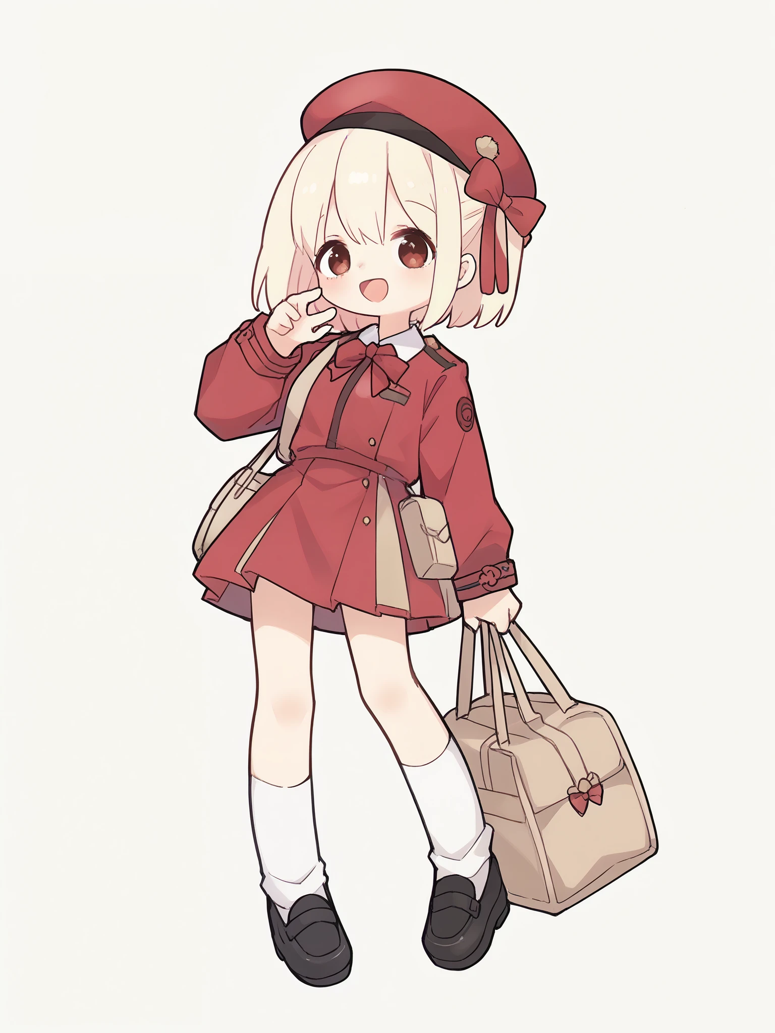 chisato、pretty、smiling、pretty,black beret with red bow、beige uniform with red bow,long beige uniform,black shoes、white socks、beige bag,short red skirt,