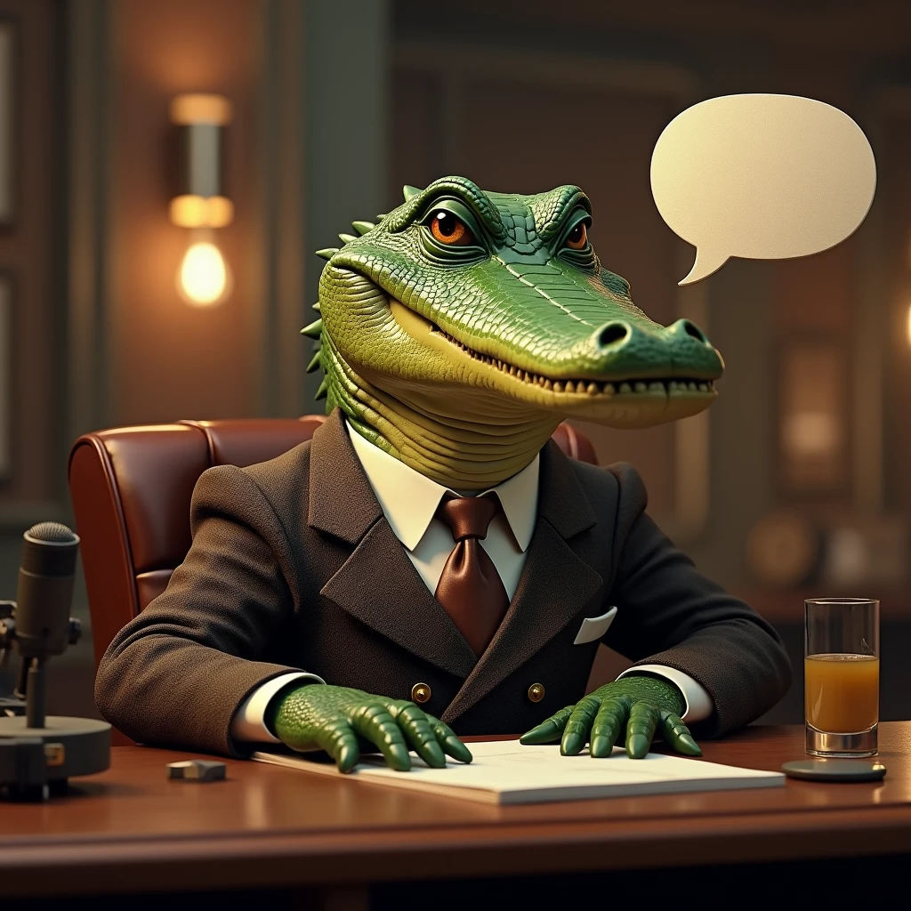 Create an image of an alligator sitting at a desk, dressed in a vintage, dark brown patterned suit with a tie. The alligator has a serious expression, resembling a news anchor or talk show host, with its mouth slightly open as if speaking. There is a microphone in front of the alligator on the desk, along with a glass of liquid. The background is softly blurred, giving a professional, studio-like atmosphere with warm lighting. Add a text bubble near the alligator's mouth as if it is saying something.