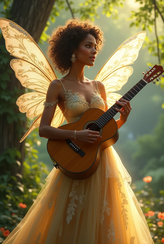 Whitney Houston as a fairy in a beautiful dress and has sparkly wings. She has a wooden guitar.
