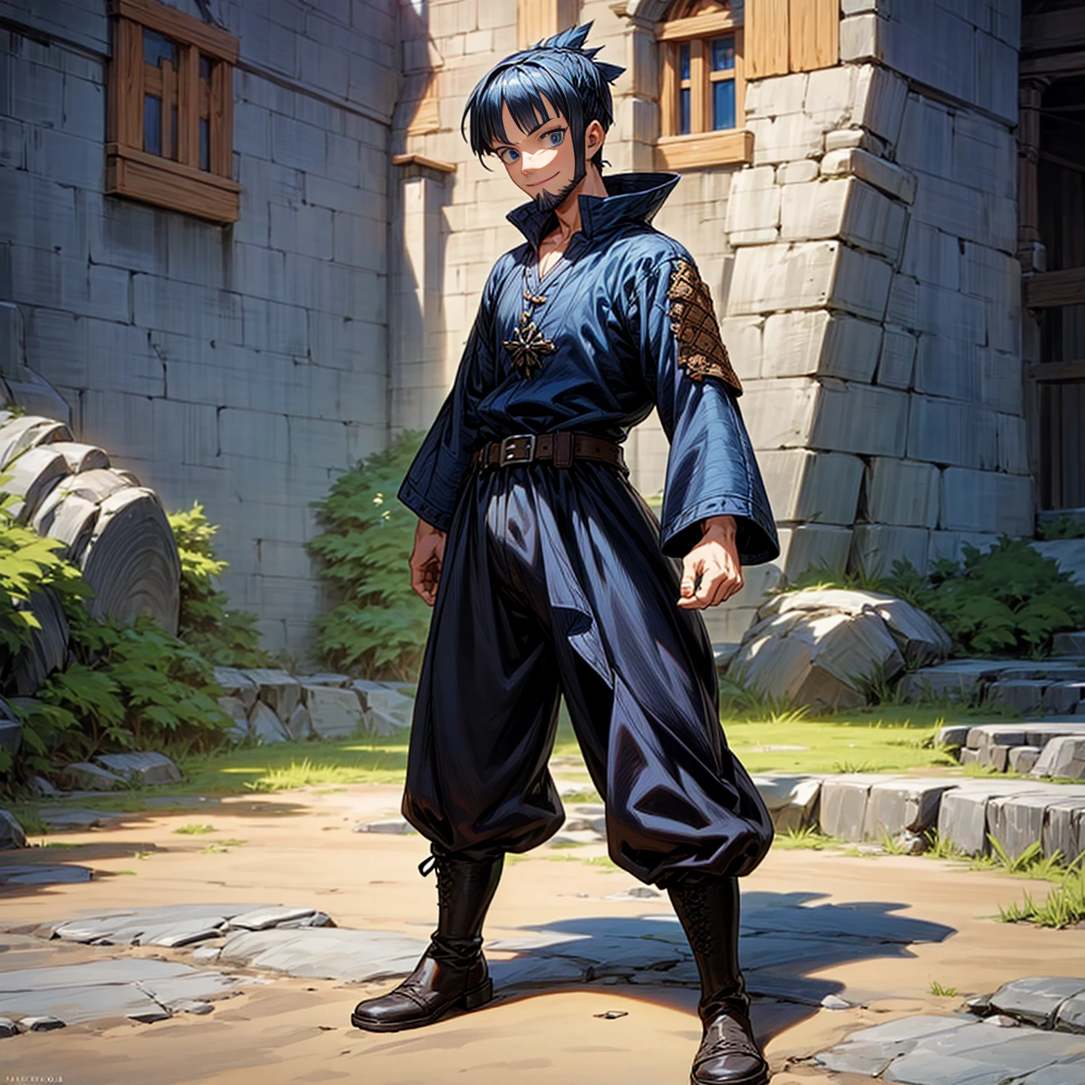 Solo character, old man, beard, full body version, blue eyes, black half blue colour hair, short mohawk haircut, casual clothing, black color clothing, black pants, belt, boots, outdoor, village, medieval, afternoon, standing gesture, detailed clothing, detailed hair, detailed background, (one piece style art), smile mouth, happy,