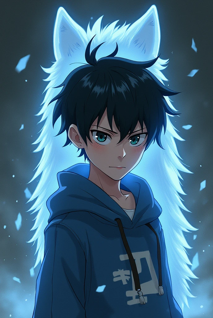 Create an image of a black haired boy with a wolf aura around him in anime style