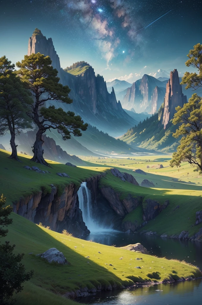 Amazing, 8K, ethereal thunder temple, Raw Photo, Amazing, Top Quality, Photorealistic and Highly Detailed, CG, High Quality, Highly Detailed, Particle Effects, Dynamic Effects, cinematic lights, flares, raytracing, realistic, ultra HD, fantasy, the wind, the beauty and brilliance of dramatic tall mountains and rich dense forests, the serenity and beauty of the world's grasslands and vast lands, Lakeside, wonderful scenery, beautiful natural scenery, night, starry sky, constellation, nebula, faint moon, space, gorgeous, view, water, constellation, wonder, fantastic, meteor, magic, best illumination, best shadow,impasto