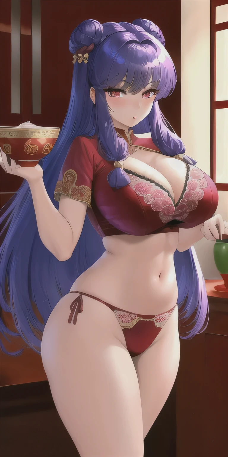 shanpuuranma, big_old, standing, chino_lingerie_floral, masterpiece, Best Quality, detailed face, detailed eyes, High resolution, crimson eyes, blushing, sexy underwear, tetas bigs, pose sexy, seductive look, sensual, in an elegant room, Chinese ornaments, holding a bowl of ramen