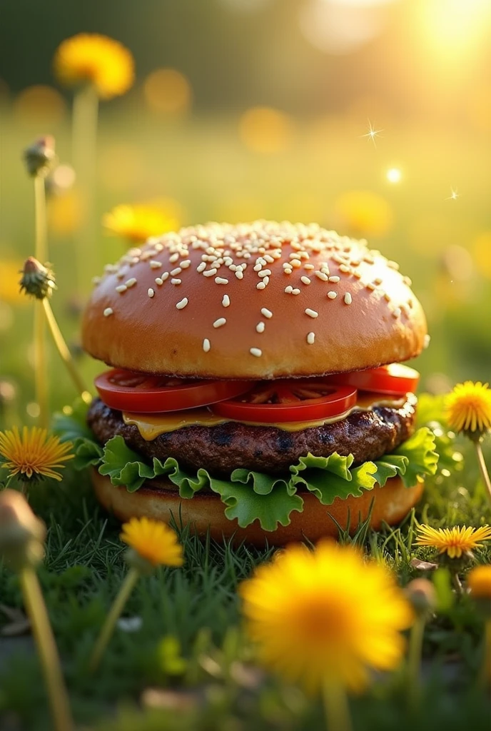 Realistic burger that brings the vibe of a dandelion field
