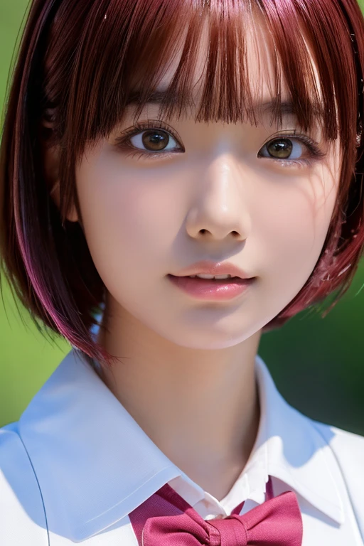 ((masterpiece, Highest quality, High resolution)), 1 Japanese girl, (Realistic: 1.4), Great face, 15 years old, Glossy lips、Lips with lip gloss、Pink Hair、short hair, Pink Hair、(Beautiful Hair:1.5),Sailor suit、school uniform、Summer clothes、Red tie、See through、School classroom, Side angle, Highly detailed CG composite 8K wallpaper, High resolutionのRAWカラー写真, Professional photography, Light, BackLight, dream-like, impressive, Written boundary depth, (Face close-up:1.5)