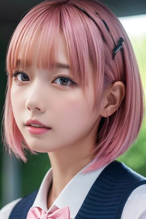 ((masterpiece, Highest quality, High resolution)), 1 Japanese girl, (Realistic: 1.4), Great face, , Glossy lips、Lips with lip gloss、Pink Hair、short hair, Pink Hair、(Beautiful Hair:1.5),Sailor suit、school uniform、Summer clothes、Red tie、See through、School classroom, Side angle, Highly detailed CG composite 8K wallpaper, High resolutionのRAWカラー写真, Professional photography, Light, BackLight, dream-like, impressive, Written boundary depth, (Face close-up:1.5)
