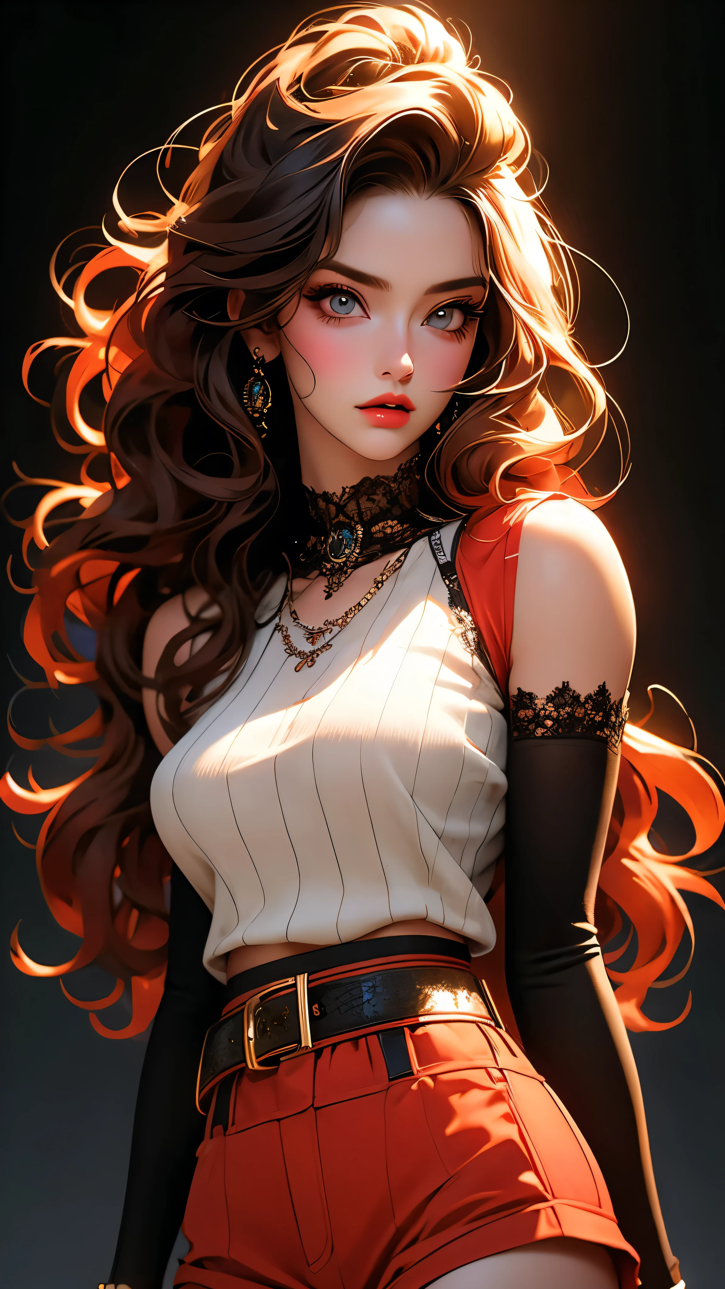 1girl, striped thigh-highs, red and white striped stockings, shorts, black crop top tucked into shorts, belt, long curly hair, beautiful detailed eyes, beautiful detailed lips, extremely detailed face, longeyelashes, medium bust, nipples covered, studio lighting, highly detailed, cinematic lighting, photorealistic, realistic skin texture, dynamic pose, intricate details, warm color palette, glowing skin, hyper detailed, vibrant colors, award winning photography, ethereal, elegant, alluring, portrait