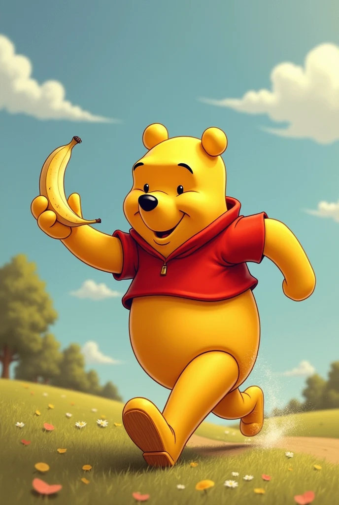 Give me a picture of Winnie the Pooh, a woman version, running with a banana in her hand 