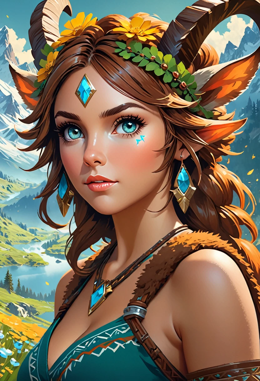 Anthropomorphic  feminine satyr enchantress. Official Art – An Award-Winning Digital Masterpiece In 4K Ultra HD, Extreme Detail And Intricate Realism. Symmetrical Face. This Concept Art Brought To Life By The Hands Of Artists Like Wlop & Artgerm In A Stunning 2D Vector Illustration. Breath of the wild. Background Is A Panoramic Vista.
