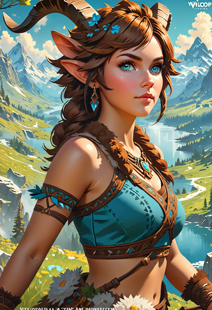 Anthropomorphic  feminine satyr enchantress. Official Art – An Award-Winning Digital Masterpiece In 4K Ultra HD, Extreme Detail And Intricate Realism. Symmetrical Face. This Concept Art Brought To Life By The Hands Of Artists Like Wlop & Artgerm In A Stunning 2D Vector Illustration. Breath of the wild. Background Is A Panoramic Vista.
