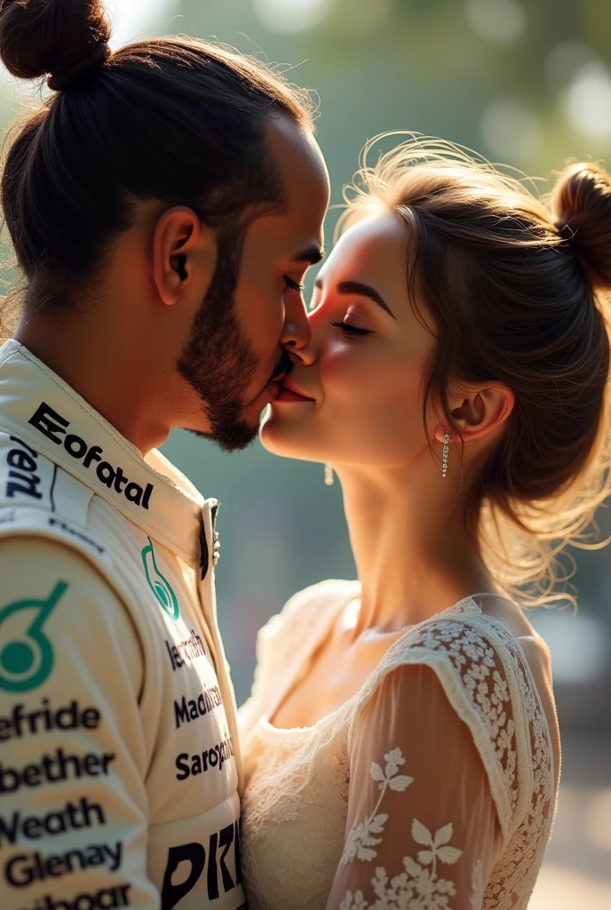 A beautiful 21 year old, Light brown bun hair, greeneyes, beautiful smiling, dimples and white skin kissing Lewis Hamilton, Formula 1 driver