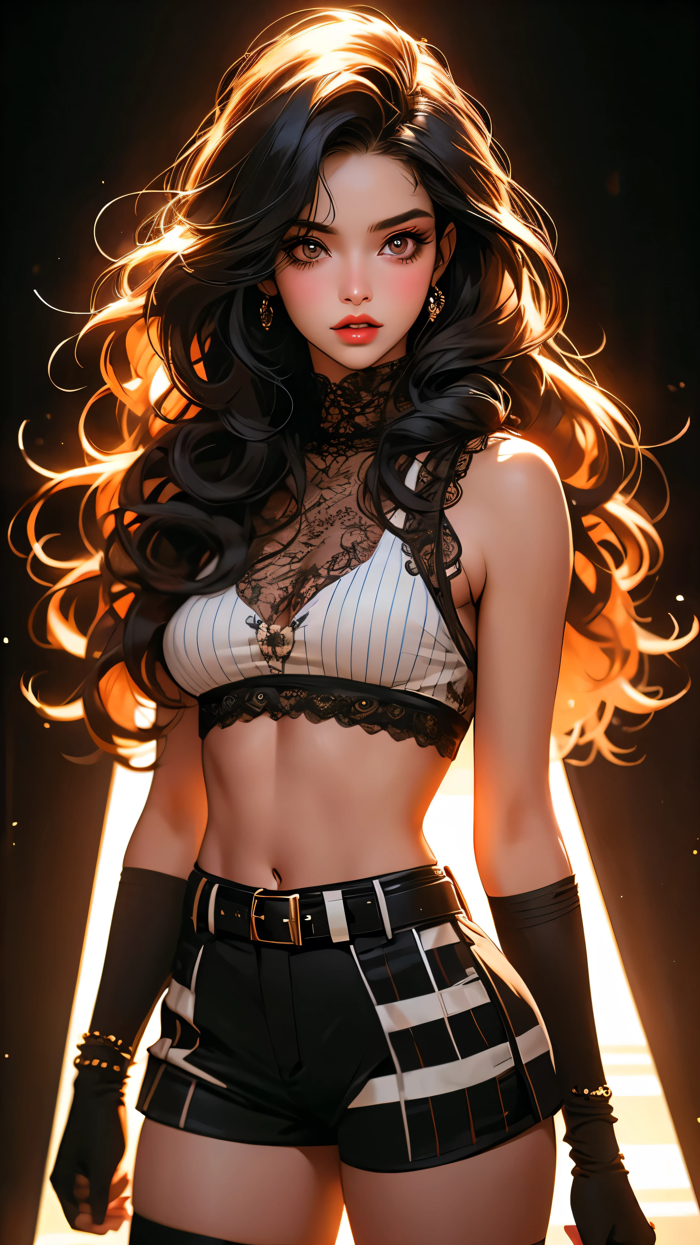 1girl, striped thigh-highs, red and white striped stockings, shorts, black crop top tucked into shorts, belt, long curly hair, beautiful detailed eyes, beautiful detailed lips, extremely detailed face, longeyelashes, medium bust, nipples covered, studio lighting, highly detailed, cinematic lighting, photorealistic, realistic skin texture, dynamic pose, intricate details, warm color palette, glowing skin, hyper detailed, vibrant colors, award winning photography, ethereal, elegant, alluring, portrait
