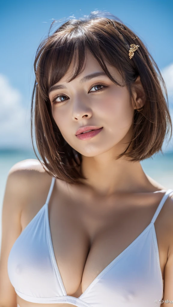 (masterpiece:1.3), (16k, photorealistic, RAW photo, best quality: 1.4),absurdres, attractive, ultra high resolution, ultra realistic, highly detailed, golden ratio, ultra detailed, super fucking beautiful detailed face, natural makeup, detailed cloth texture, detailed hair texture, beautiful detailed fullbody, Perfect female body, accurate, Anatomically correct, Highly detailed face and skin texture, (beautiful hands), (realistic skin), (beautiful pale skin:1.1), (well-aligned teeth:1.1), (beautiful large breasts, cleavage, upper breasts:1.3), (Perfect dynamic composition, looking at viewer), (Random and sexy poses:1.3),
BREAK,
realistic eyes, beautiful detailed eyes, symmetric eyes, Light Brown eyes, Double eyelids, Thin eyebrows, (Glossy lips:1.4), ((A face with waiting for a kiss:1.2)), (blush:1.1), (A sparkling small hair accessory:1.1), (beautiful smile:1.1), (sweat skin,blush:1.2),
BREAK,
((short hair, bob, Dark blonde hair, bangs:1.2)), (Beach, random sexy swimsuits:1.3)