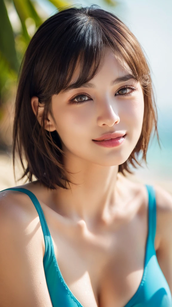 (masterpiece:1.3), (16k, photorealistic, RAW photo, best quality: 1.4),absurdres, attractive, ultra high resolution, ultra realistic, highly detailed, golden ratio, ultra detailed, super fucking beautiful detailed face, natural makeup, detailed cloth texture, detailed hair texture, beautiful detailed fullbody, Perfect female body, accurate, Anatomically correct, Highly detailed face and skin texture, (beautiful hands), (realistic skin), (beautiful pale skin:1.1), (well-aligned teeth:1.1), (beautiful large breasts, cleavage, upper breasts:1.3), (Perfect dynamic composition, looking at viewer), (Random and sexy poses:1.3),
BREAK,
realistic eyes, beautiful detailed eyes, symmetric eyes, Light Brown eyes, Double eyelids, Thin eyebrows, (Glossy lips:1.4), ((A face with waiting for a kiss:1.2)), (blush:1.1), (A sparkling small hair accessory:1.1), (beautiful smile:1.1), (sweat skin,blush:1.2),
BREAK,
((short hair, bob, Dark blonde hair, bangs:1.2)), (Beach, random sexy swimsuits:1.3)