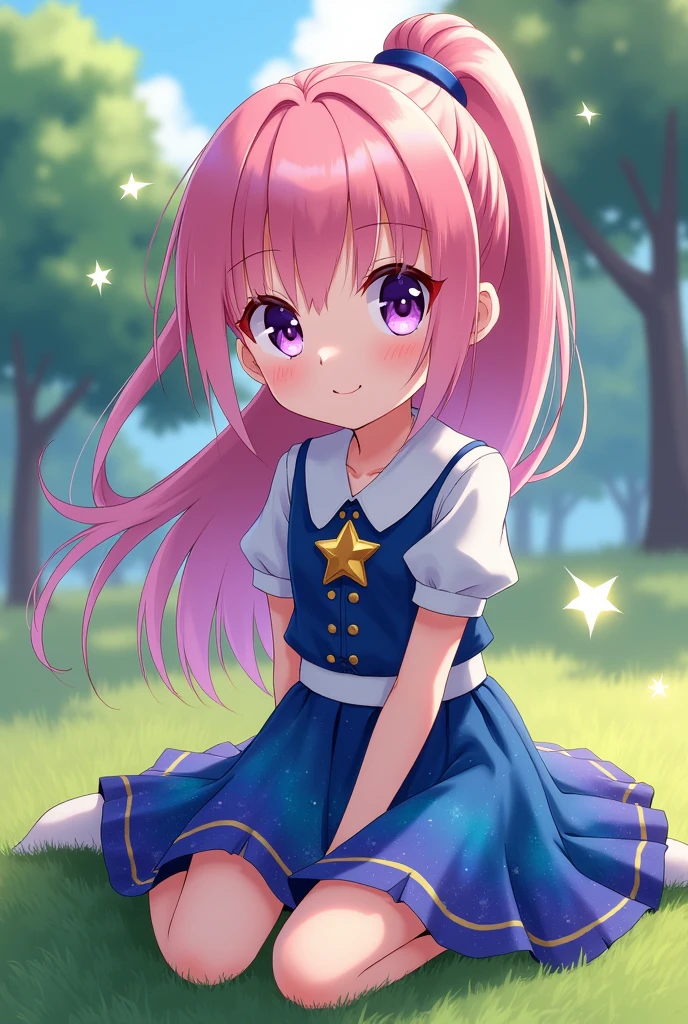 Anime Violet eyes pink hair long pony tail design kid (magic mini skirt blue and galaxy with stars dress) cute face with appealing smile golden star emblem (petite body) sitting in the grass ground (with miday light)