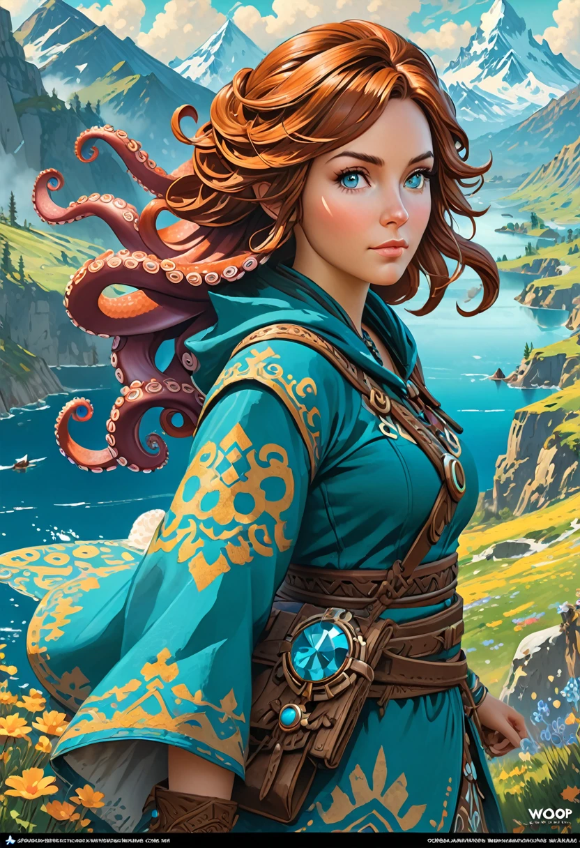 Anthropomorphic feminine octopus enchantress. Official Art – An Award-Winning Digital Masterpiece In 4K Ultra HD, Extreme Detail And Intricate Realism. Symmetrical Face. This Concept Art Brought To Life By The Hands Of Artists Like Wlop & Artgerm In A Stunning 2D Vector Illustration. Breath of the wild. Background Is A Panoramic Vista.
