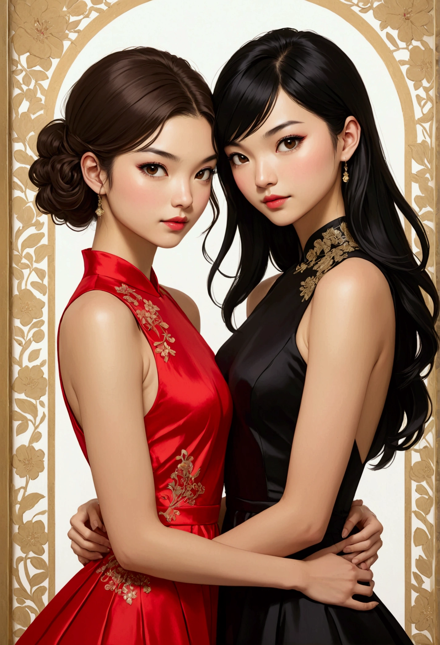 Two beautiful women in love, in a tender attitude towards each other, Sarah Kay style, one British, with semi-short light brown hair, dressed in a modern red party dress, and the other woman with delicate Asian features, with long black hair, dressed in a black party dress.