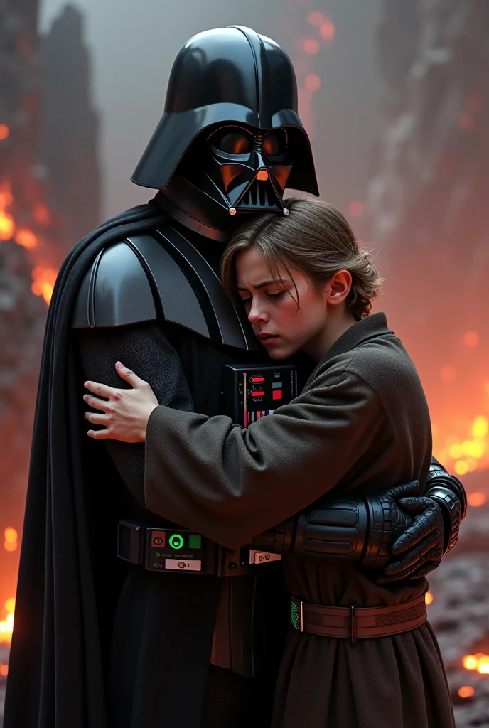 Darth Vader hugging Hayden Christensen who is dressed as Anakin Skywalker and is crying. Both are in Mustafar