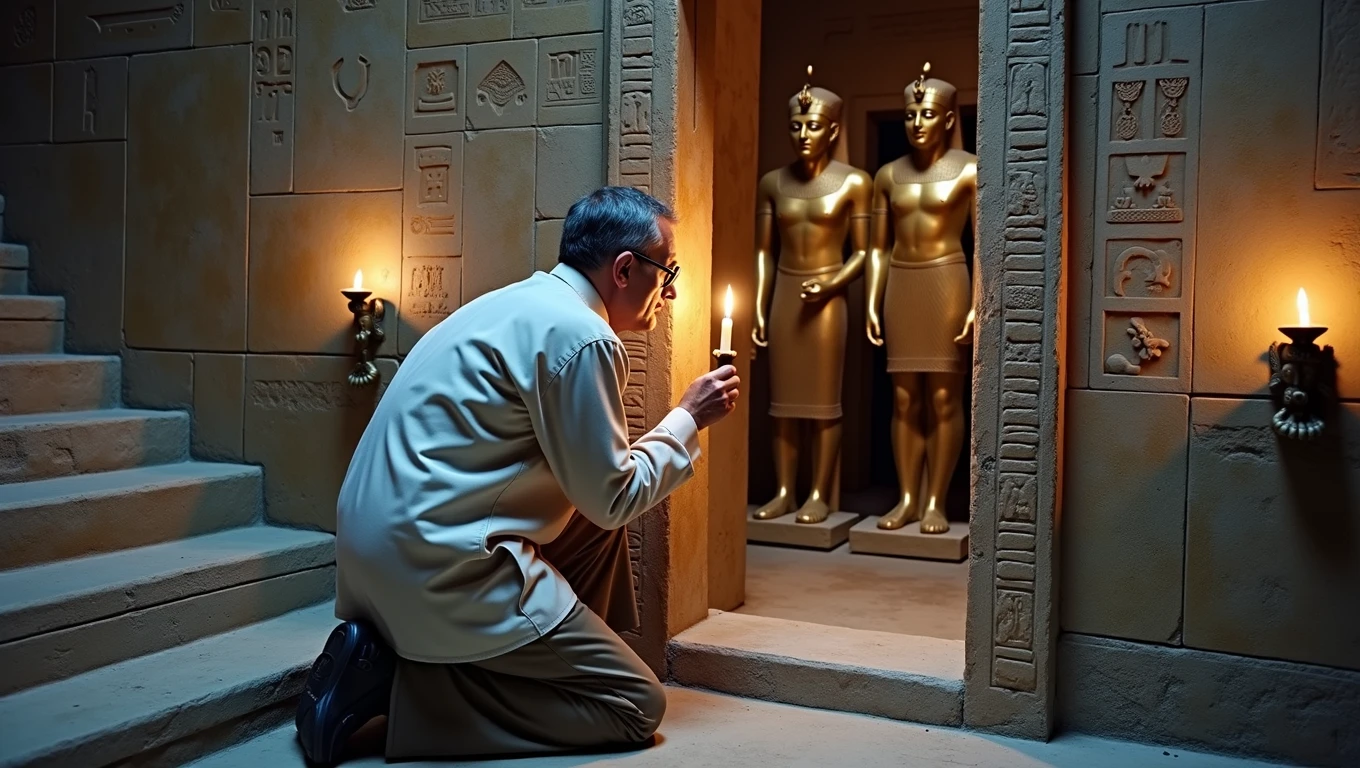 A cinematic scene capturing renowned archaeologist Howard Carter as he unveils King Tutankhamun's chamber in the Valley of the Kings. Archaeologist's outfit, wears glasses and holds a candle in his hand.Kneeling on a stone staircase before a granite door with Egyptian hieroglyphs in gold engraved on the walls, he looks through a small opening in the sealed entrance, holding a candle that casts a warm glow over the chamber. Seu rosto, engraved with admiration and reverence, reveals the amazement of discovering ancient Egyptian treasures. The background shows the chamber filled with ancient golden Egyptian statues., jewelry and other artifacts glistening in the soft candlelight. The aged walls, marked by time, evoke a sense of history and mystery., photo, cinematic, architecture