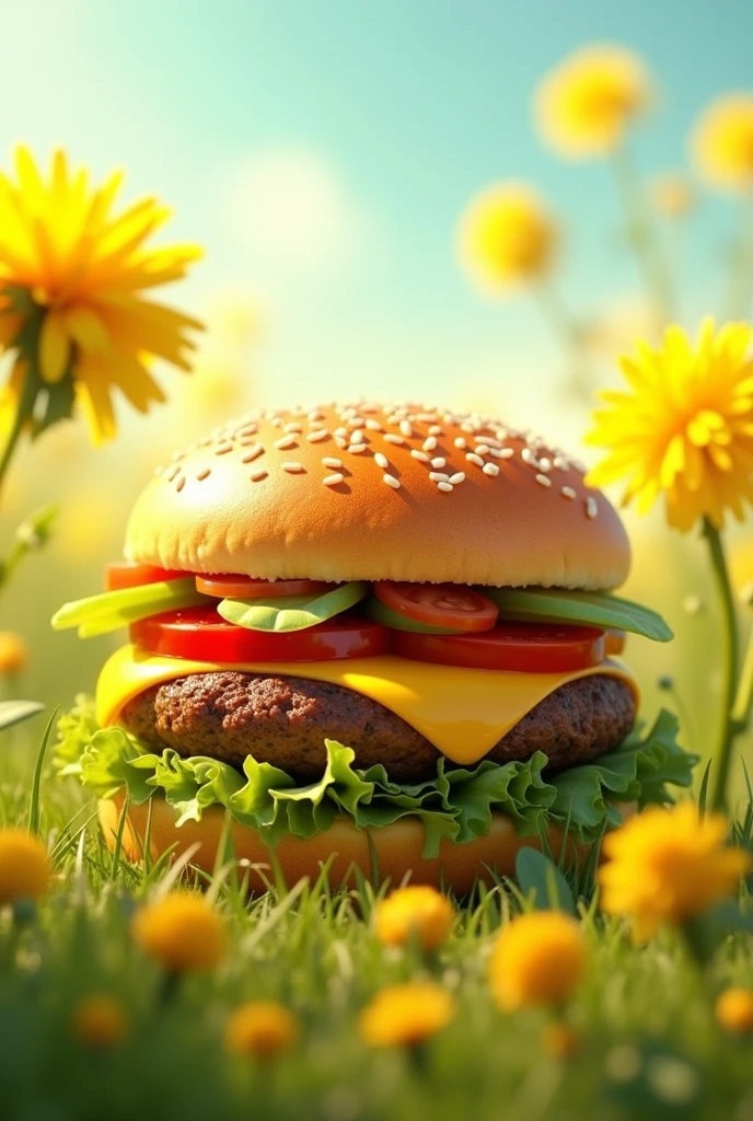 ๐ฃ๐๐๐๐๐ค๐ฅ๐ hamburger with a yellow bun that gives off the vibe of a dandelion field