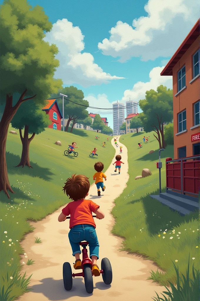 There are children running down the hill at a high rate of speed.
There is a dangerous place at the bottom of the hill.
The child runs toward the bottom of the hill.
The mother chases the child on a tricycle.
The mother's face shows despair.
The setting is an urban area; to the right is a fire station.