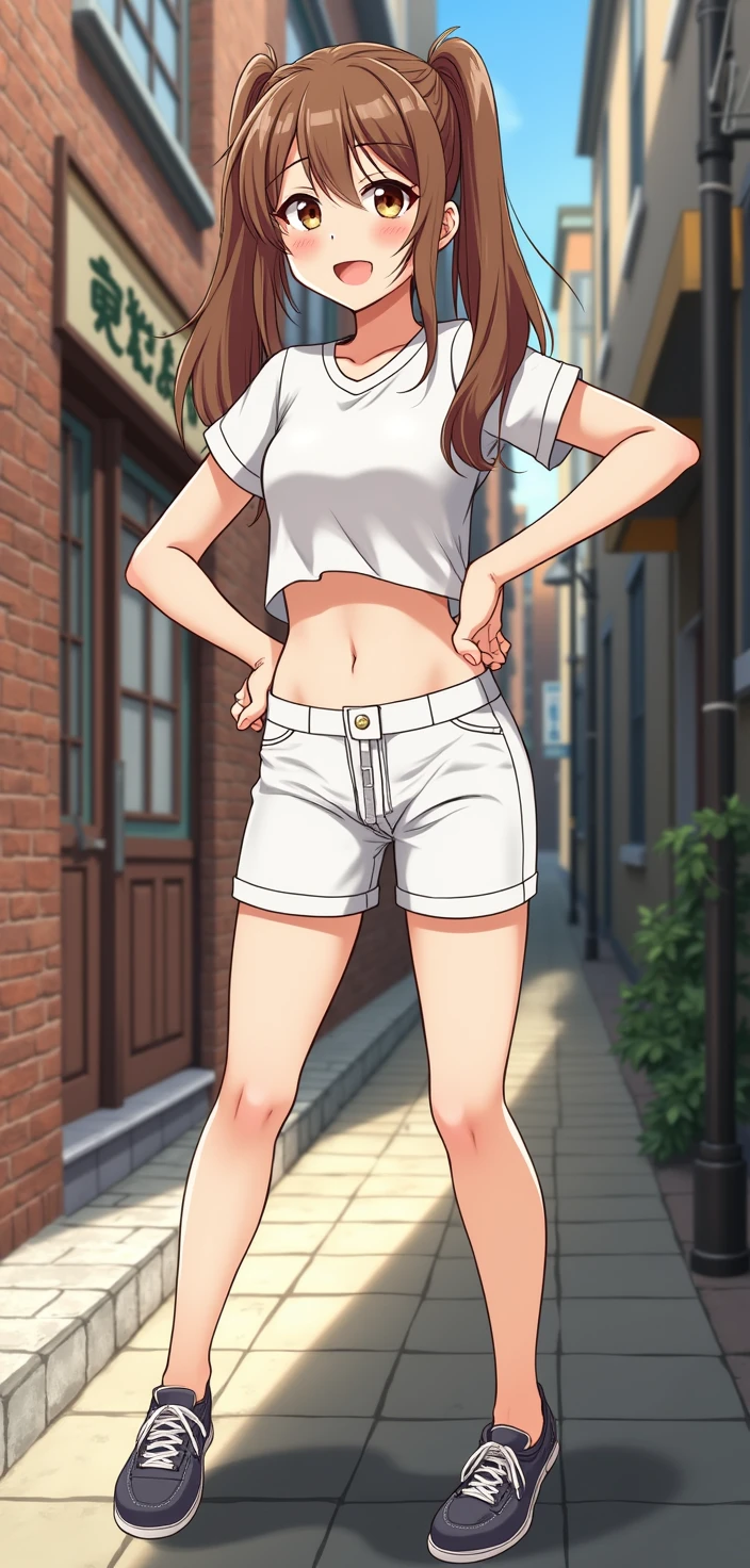 a anime 1girl with brown hair twintails, brown eyes, hand on hip, wearing a crop top and shorts, smile, street, rating_safe