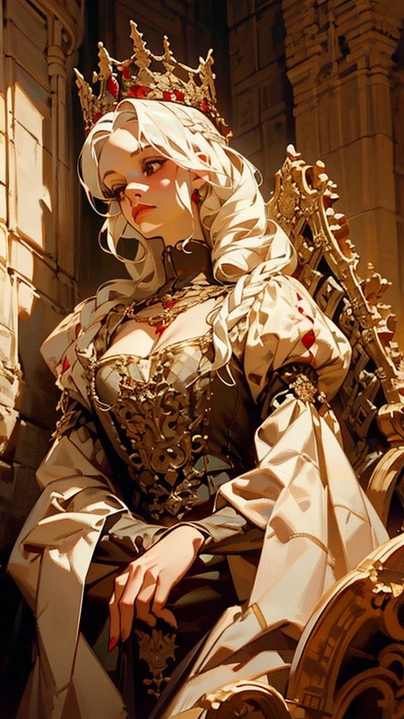 Beautiful albino woman with detailed braided medieval hairstyle (updo) (white hair) ,wearing detailed medieval gown (red and black colours), with gold accessories and gold tiara, medieval queen, medieval woman,queen,game of thrones style,daenerys targaryen style, high quality, very detailed,hd quality, masterpiece