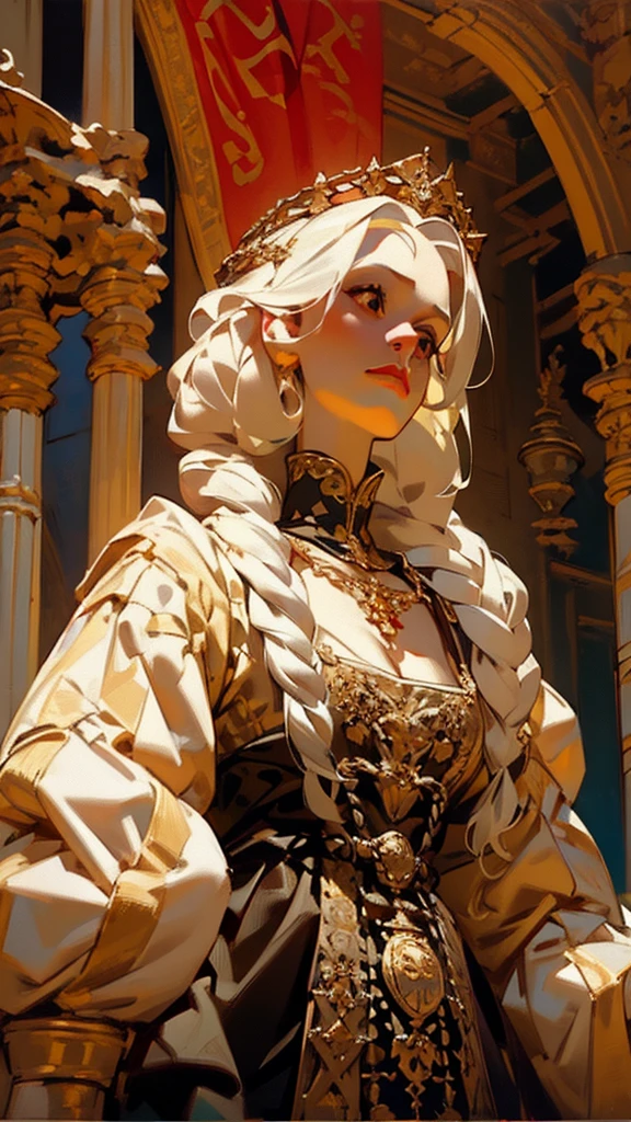 Beautiful albino woman with detailed braided medieval hairstyle (updo) (white hair) ,wearing detailed medieval gown (red and black colours), with gold accessories and gold tiara, medieval queen, medieval woman,queen,game of thrones style,daenerys targaryen style, high quality, very detailed,hd quality, masterpiece 