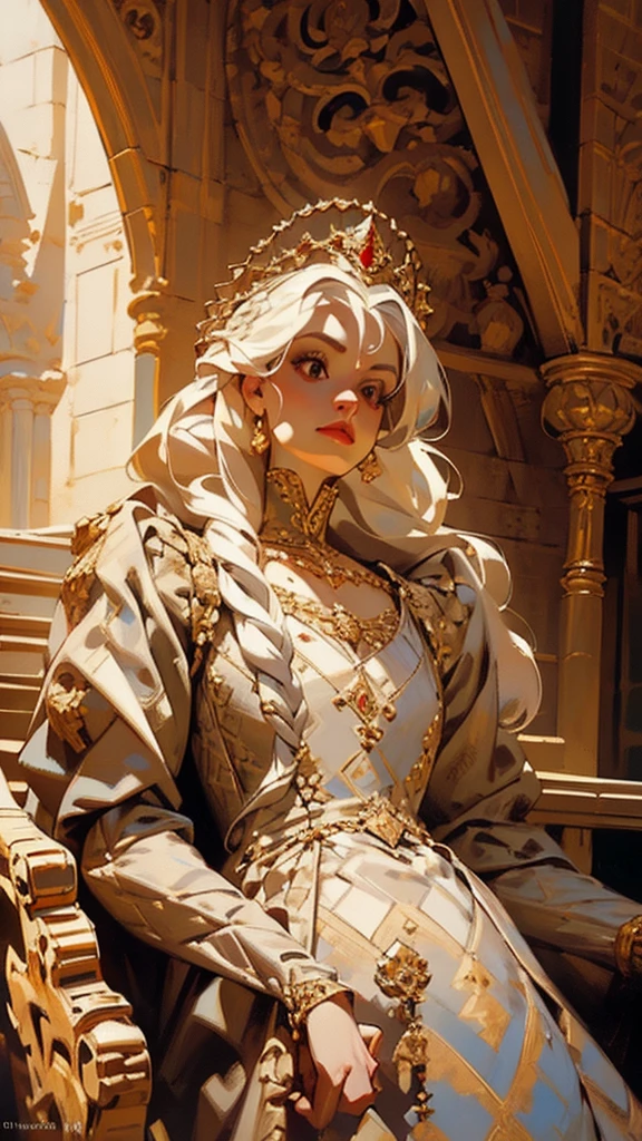 Beautiful albino woman with detailed braided medieval hairstyle (updo) (white hair) ,wearing detailed medieval gown (red and black colours), with gold accessories and gold tiara, medieval queen, medieval woman,queen,game of thrones style,daenerys targaryen style, high quality, very detailed,hd quality, masterpiece