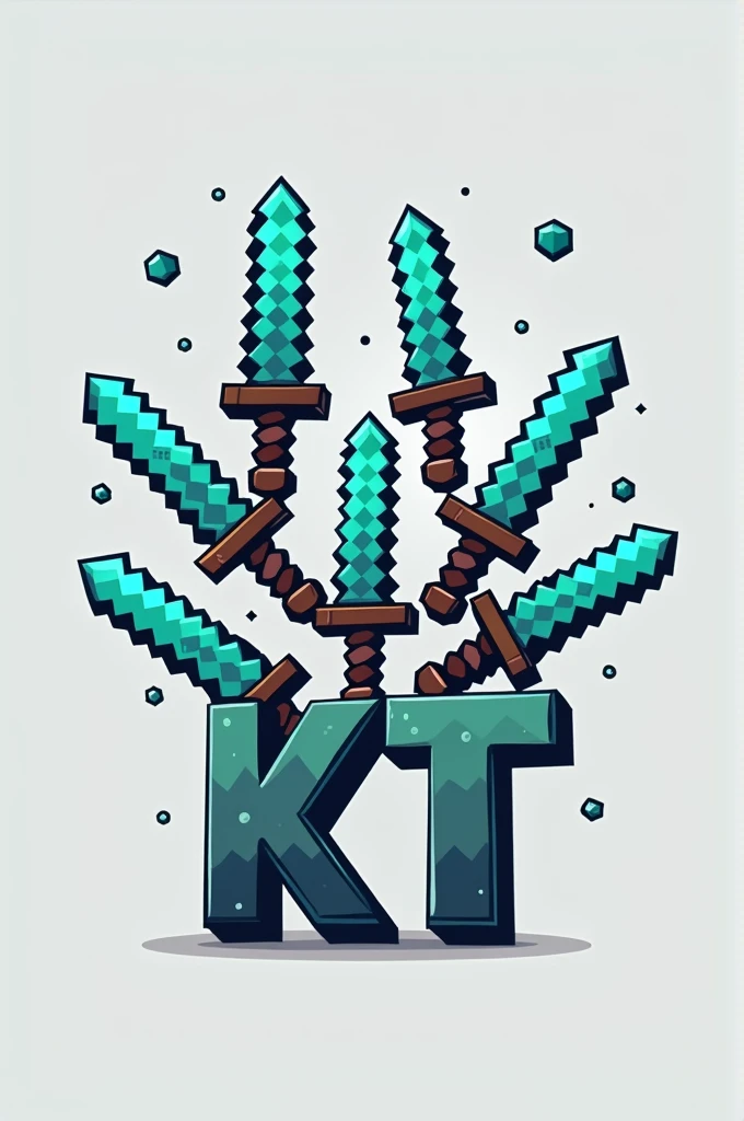 A LOGO FOR A MINECRAFT STORE CALLED KT THAT HAS FLOATING BRICK SWORDS