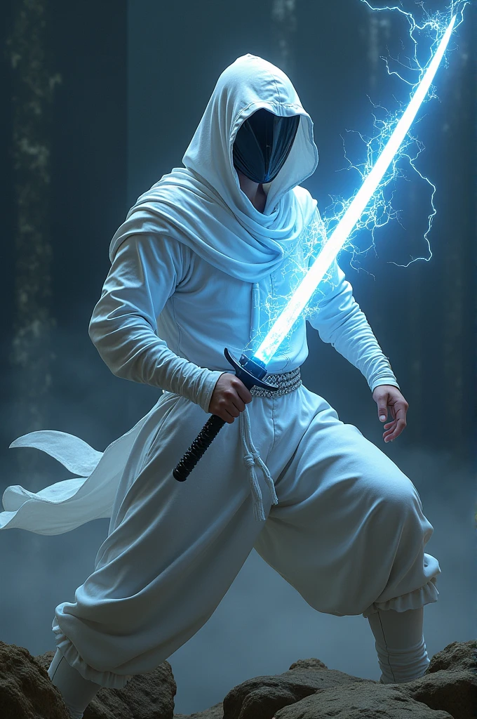Ninja with white armour with electrolyte sword with sparkling electric