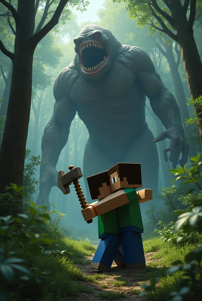 Siren Head in the background in a forest and Steve from Minecraft giving him an axe in the leg and Bolsonaro and Lula kiss