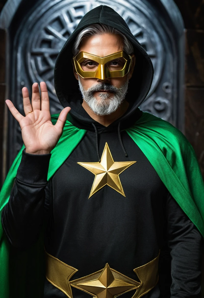 make a realistic thin man with gray hair and beard, your eyes are bright green in color, He wears a superhero-inspired costume in dark green and black with gold details., he is wearing a black hoodie with green, on his chest he has a metallic symbol in gold in the shape of an eight-pointed star, his hand is raised to show the shiny ring with an eight-pointed star symbol on his finger, he uses a mask to hide his identity. the background is a dark and mysterious museum.