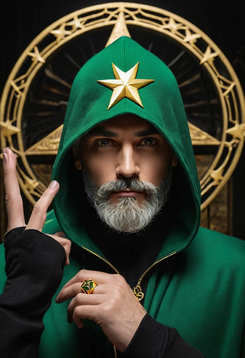 make a realistic thin man with gray hair and beard, your eyes are bright green in color, He wears a superhero-inspired costume in dark green and black with gold details., he is wearing a black hoodie with green, on his chest he has a metallic symbol in gold in the shape of an eight-pointed star, his hand is raised to show the shiny ring with an eight-pointed star symbol on his finger, he uses a mask to hide his identity. the background is a dark and mysterious museum.