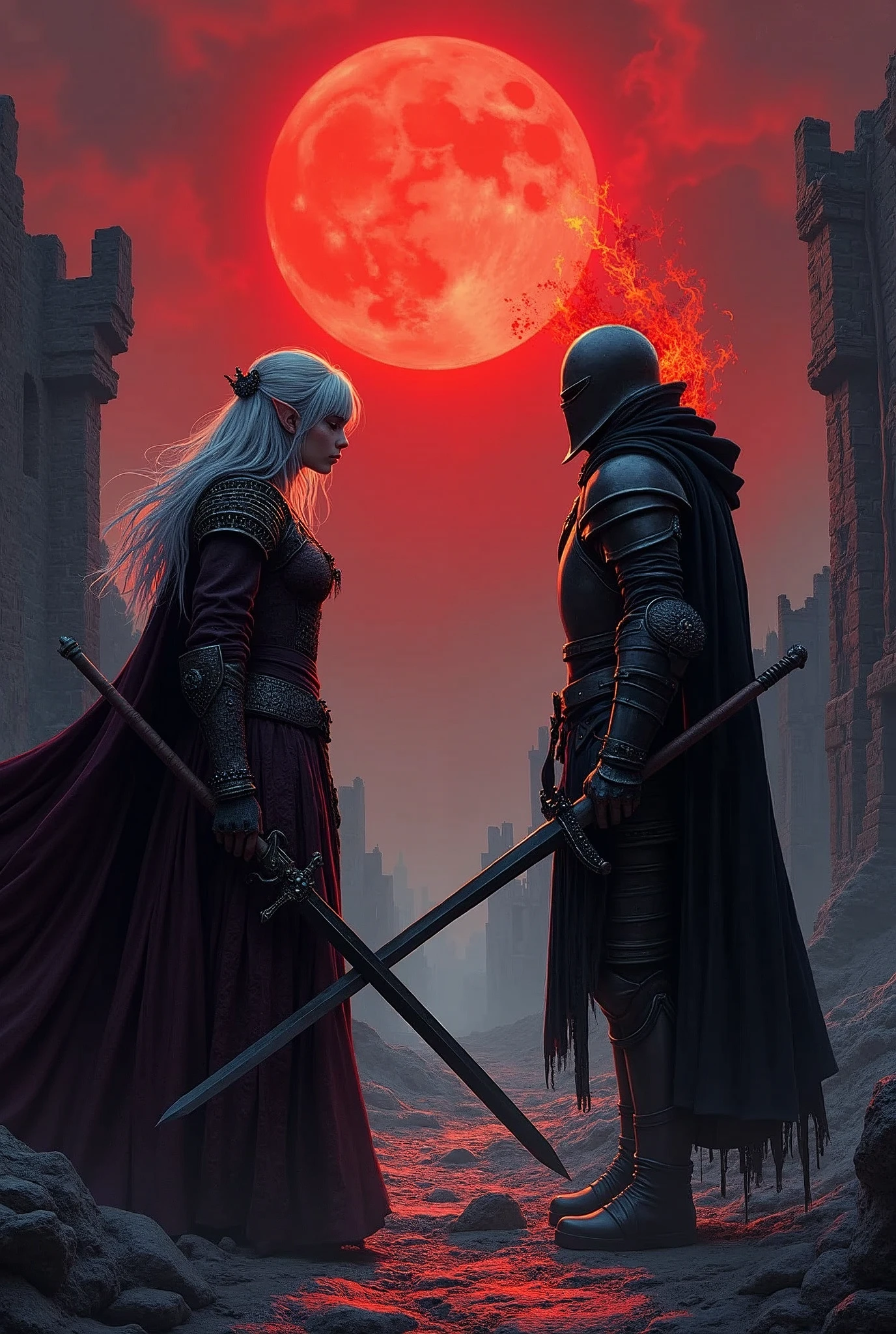 (Ultra-detailed face, looking away, Fantasy Illustration with Gothic, Ukiyo-e, Comic Art, Rich colors), BREAK (This is an "ash city" in ruins. It was once a medieval European-style fortified city. Red moonlight illuminates the devastated land.), BREAK (DarkElves: A middle-aged dark elf woman with silver color hair, blunt bangs, very long disheveled hair and dark purple color skin, lavender color eyes), BREAK (A female dark elf warrior wears a hair ornament with blue jewels and copper armor.), BREAK (ArmoredSoldier: The dark male knight wears a medieval European-style black helmet, black armor, a black cloak, and carries a red-hot greatsword.), BREAK (A female dark elf warrior is on the left of the screen and a dark knight is on the right of the screen, facing each other in the red moonlight.:1.3), BREAK (The female dark elf warrior holds a slender long sword at an angle in a bold pose.), BREAK (The male knight, his back turned to the viewer, spits out a hideous red flame from his black helmet and holds a large sword in a daring pose.)