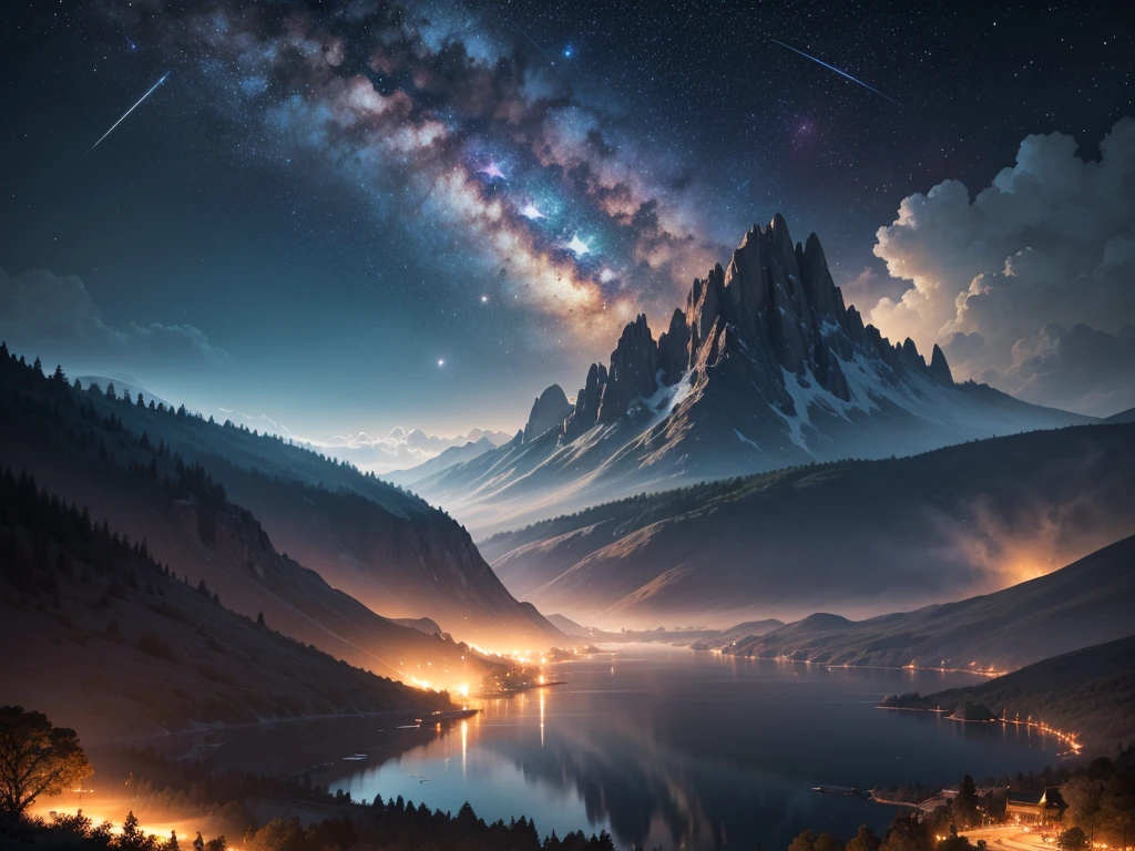 Amazing, 8K, ethereal thunder temple, Raw Photo, Amazing, Top Quality, Photorealistic and Highly Detailed, CG, High Quality, Highly Detailed, Particle Effects, Dynamic Effects, cinematic lights, flares, raytracing, realistic, ultra HD, fantasy, the wind, the beauty and brilliance of dramatic tall mountains and rich dense forests, the serenity and beauty of the world's grasslands and vast lands, Lakeside, wonderful scenery, beautiful natural scenery, night, starry sky, constellation, nebula, faint moon, space, gorgeous, view, water, constellation, wonder, fantastic, meteor, magic, best illumination, best shadow,impasto