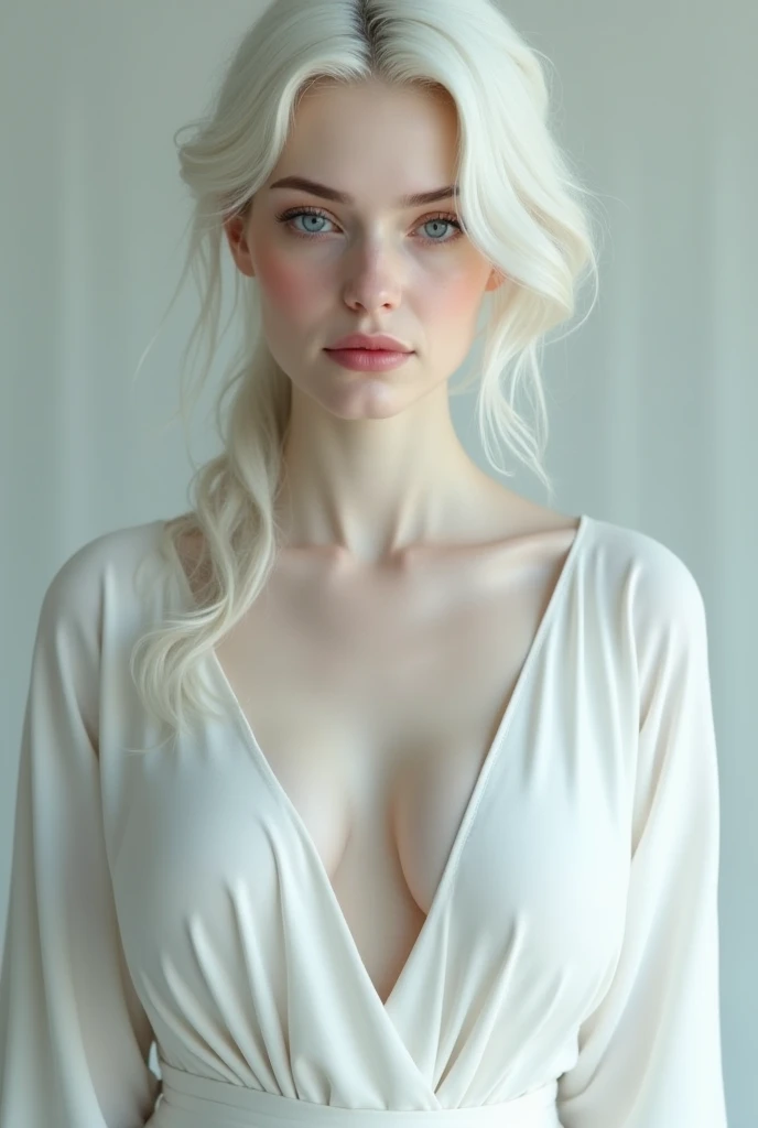 Draw a beautiful woman with huge breasts, she wears a white tunic, she is white and albino with blue eyes, she smiles, passive, calm